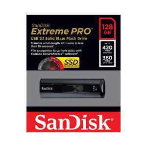 USB ključek Sandisk Extreme Pro, 128GB, USB 3.1, 420/380, strojna enkripcija (črn) | MEGAtoner.si